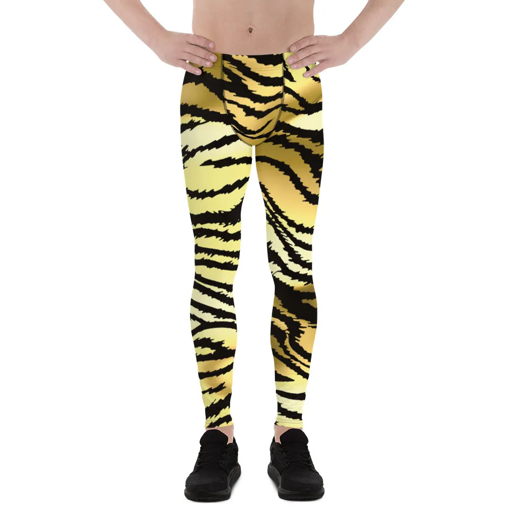 Brown Tiger Striped Men's Leggings, Classic Brown Tiger Leggings, Brown Tiger Pants For Men - Made in USA/EU/MX