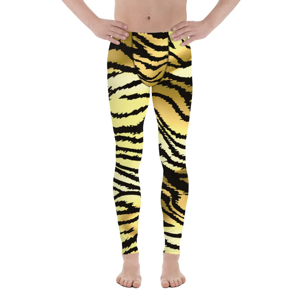 Brown Tiger Striped Men's Leggings, Classic Brown Tiger Leggings, Brown Tiger Pants For Men - Made in USA/EU/MX