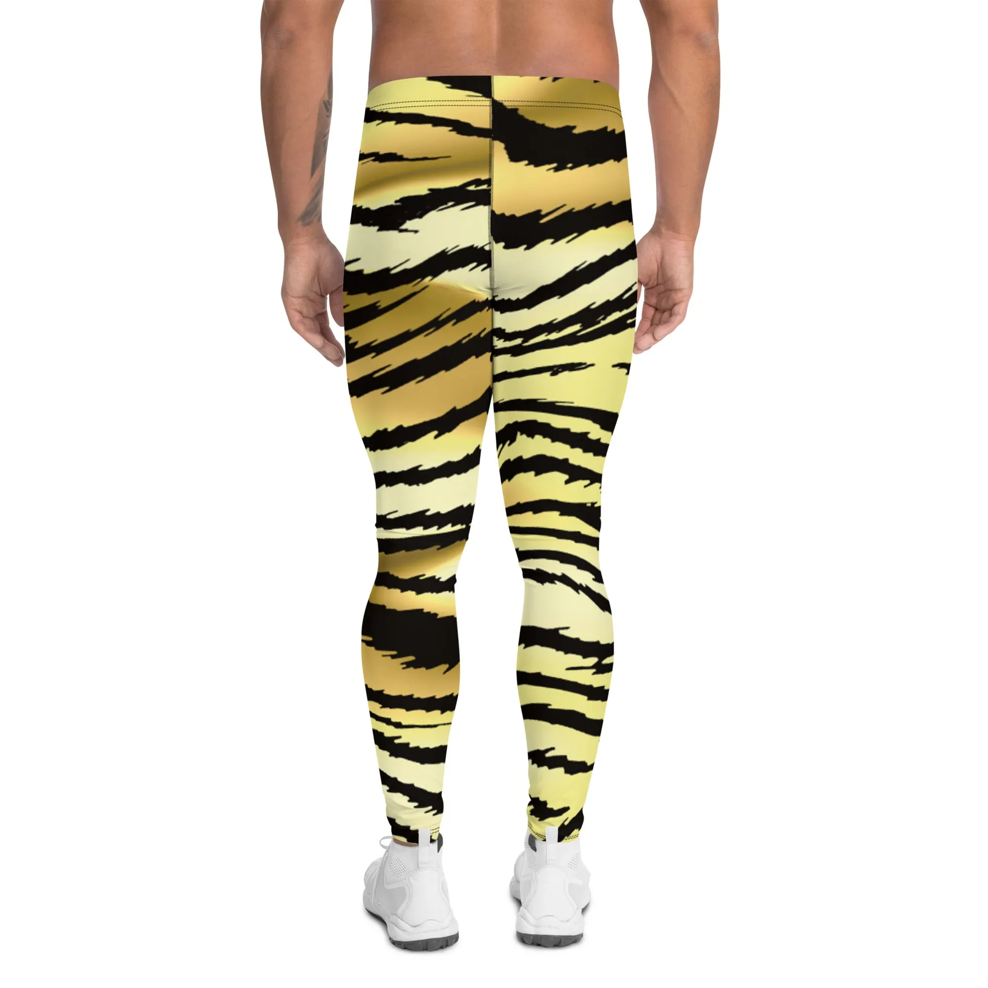 Brown Tiger Striped Men's Leggings, Classic Brown Tiger Leggings, Brown Tiger Pants For Men - Made in USA/EU/MX