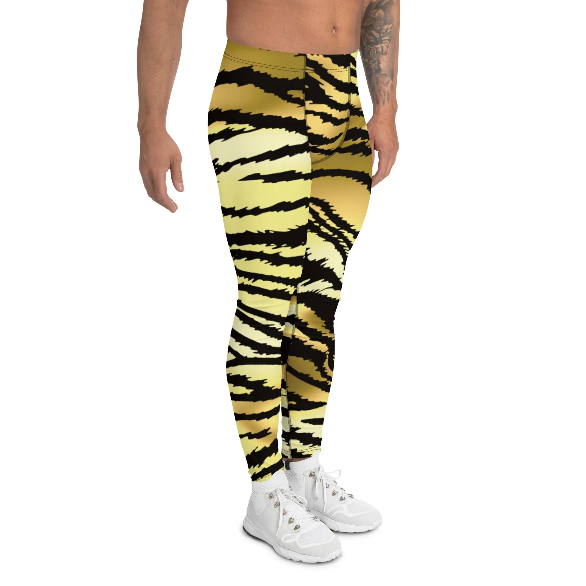 Brown Tiger Striped Men's Leggings, Classic Brown Tiger Leggings, Brown Tiger Pants For Men - Made in USA/EU/MX