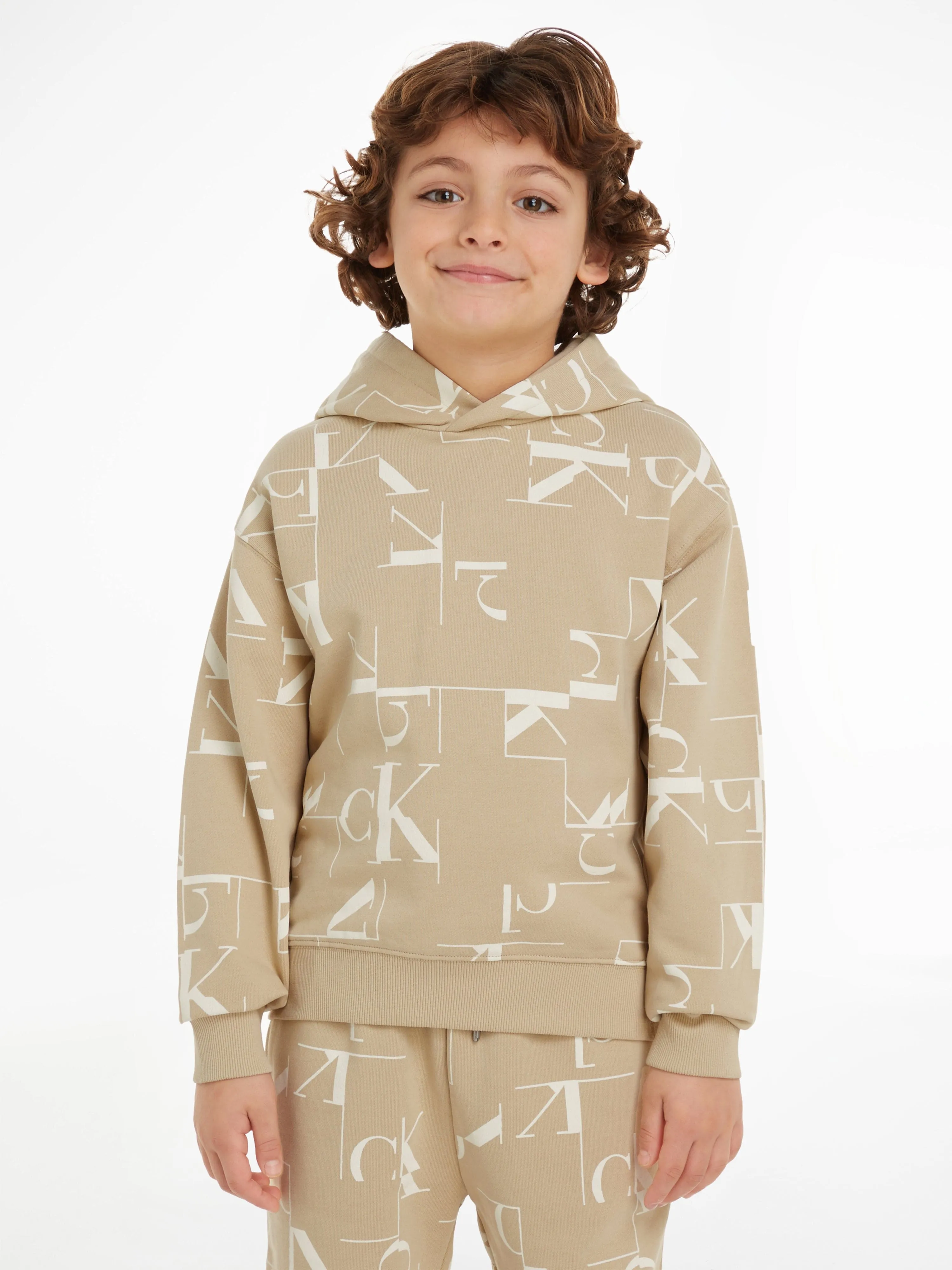 Calvin Klein Boys City Grid AOP Hoodie in Beige