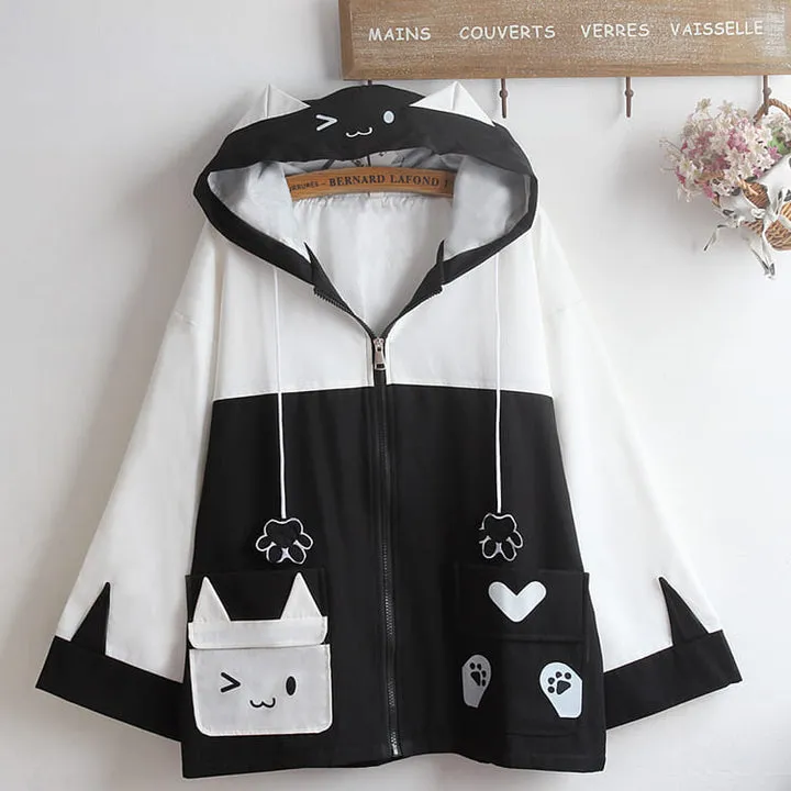 Cartoon Kitty Paws Letter Print Hoodie Jacket