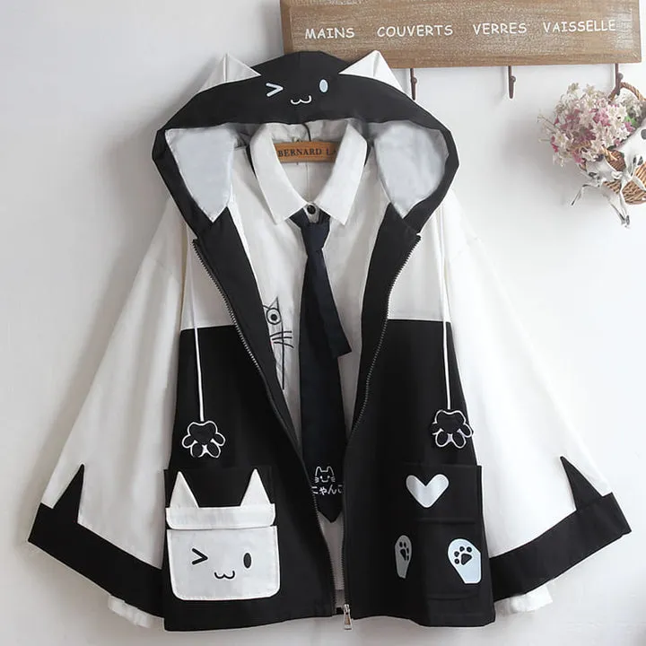 Cartoon Kitty Paws Letter Print Hoodie Jacket