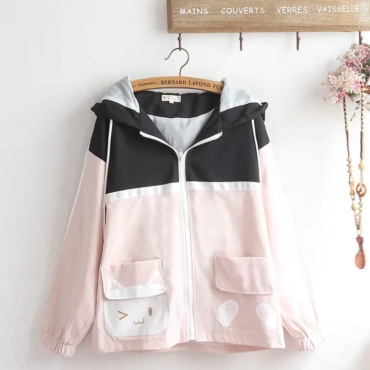 Cartoon Kitty Paws Letter Print Hoodie Jacket