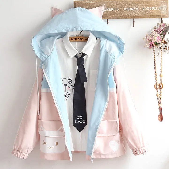 Cartoon Kitty Paws Letter Print Hoodie Jacket