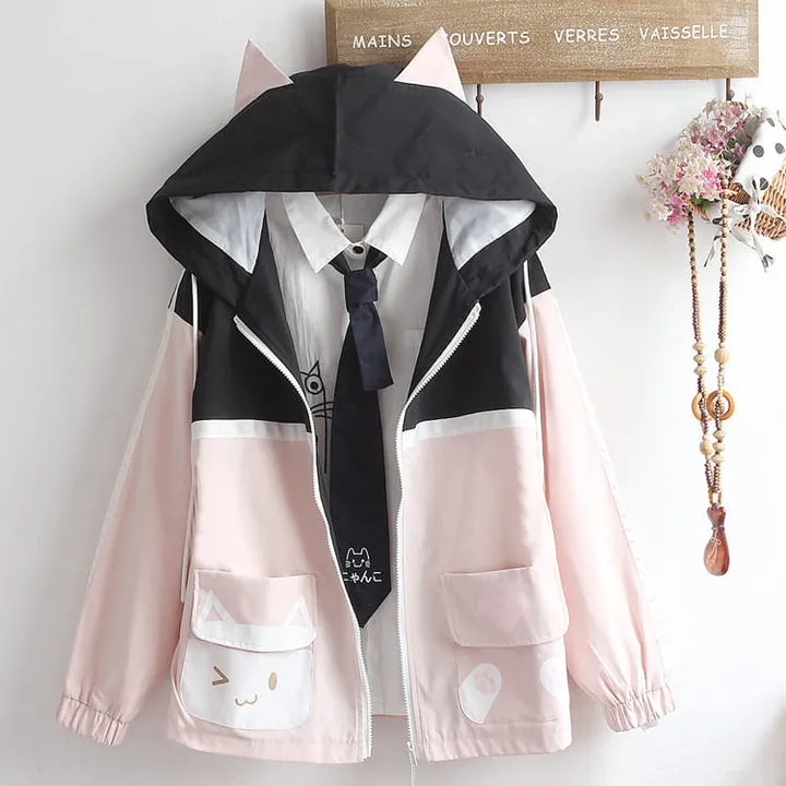 Cartoon Kitty Paws Letter Print Hoodie Jacket