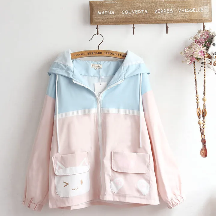 Cartoon Kitty Paws Letter Print Hoodie Jacket