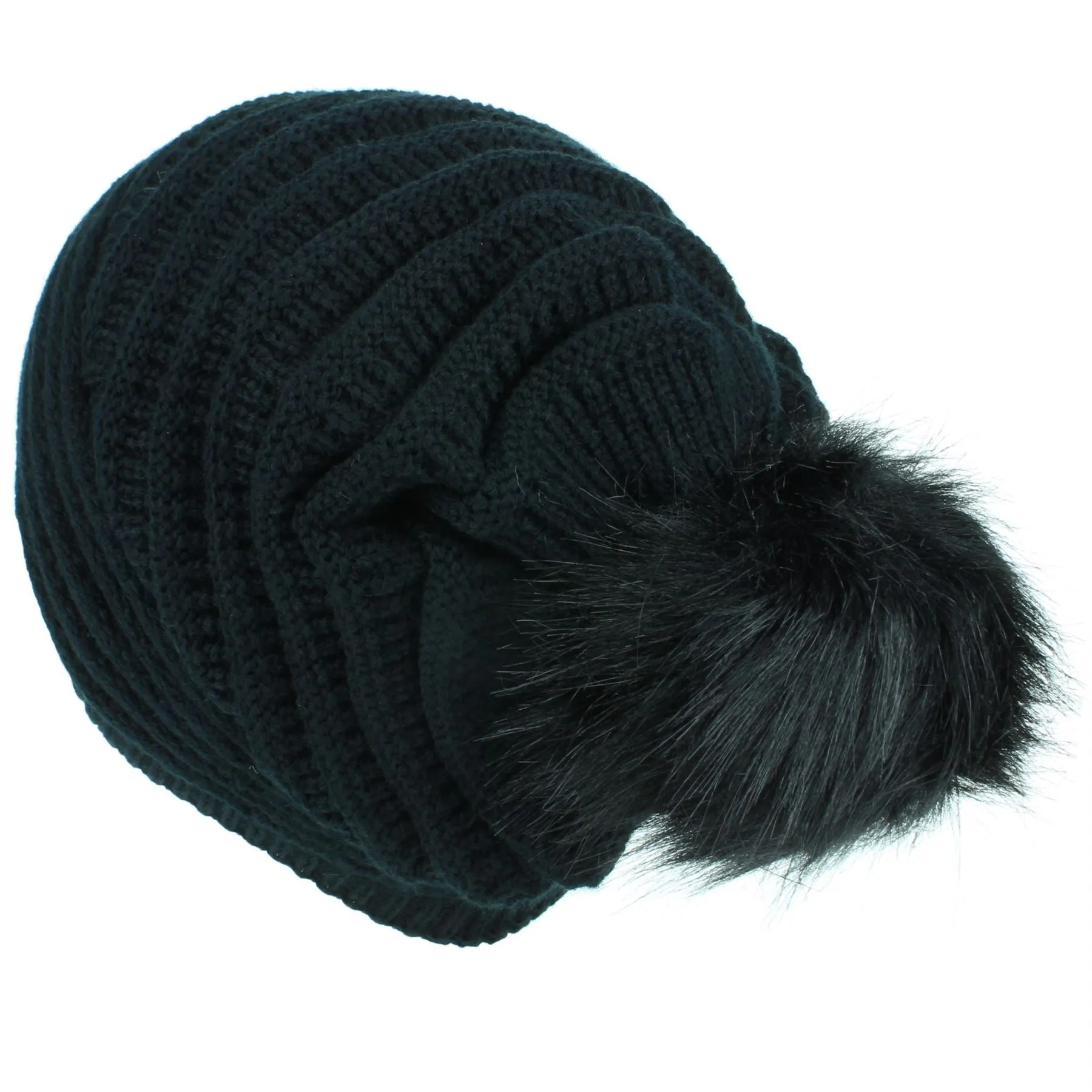 Chunky Ribbed Slouch Beanie Hat with Faux Fur Bobble - Black