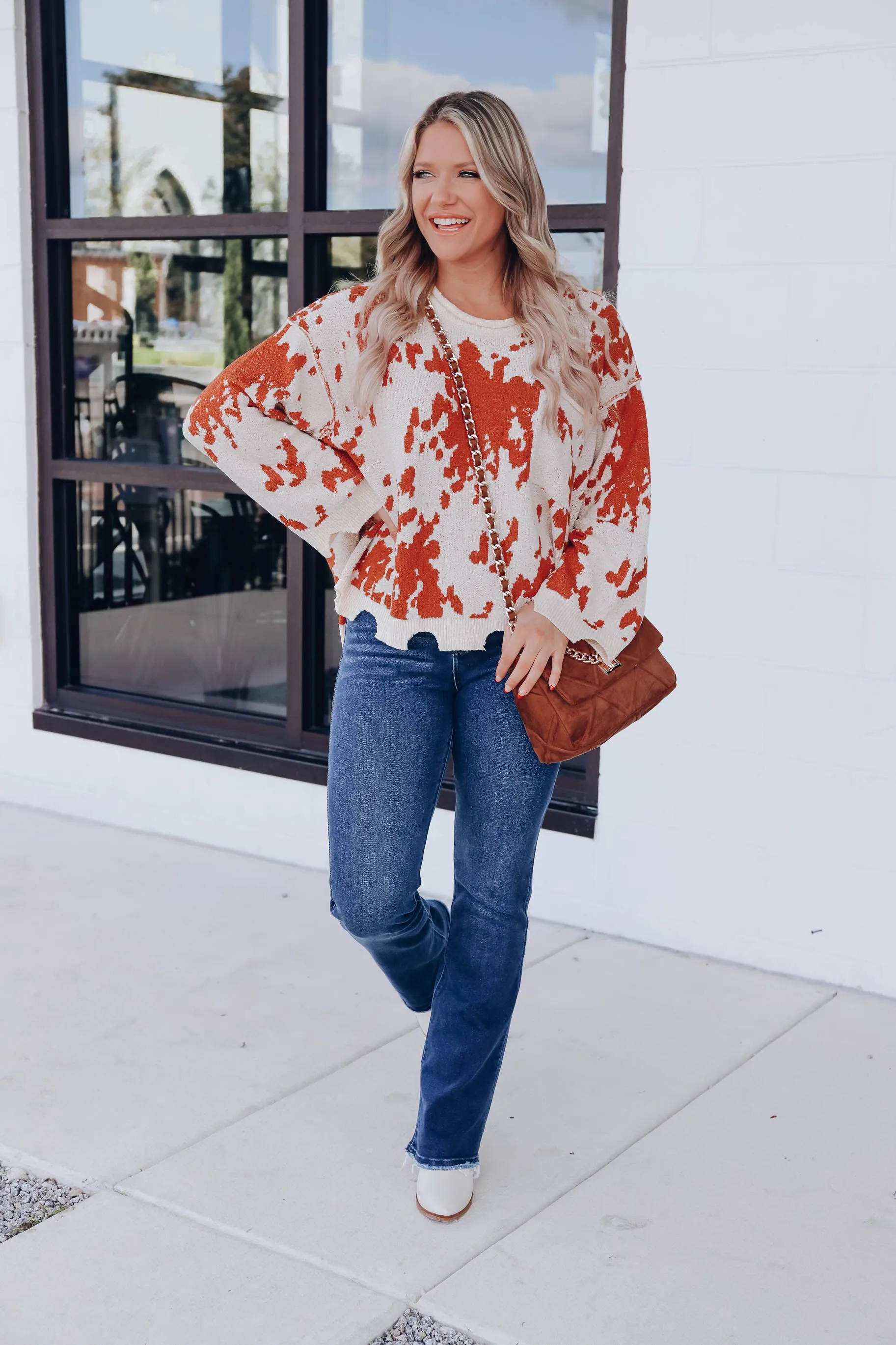 Cow Print Distressed Sweater- Cream/Rust