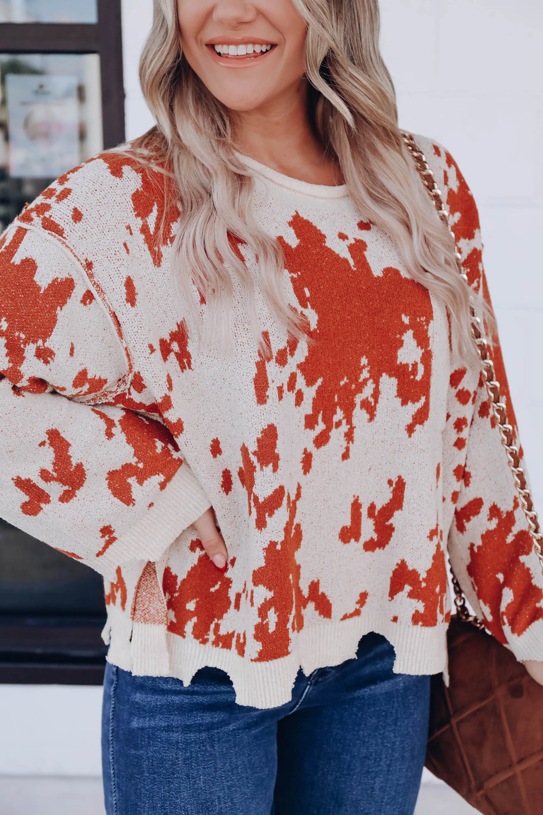 Cow Print Distressed Sweater- Cream/Rust