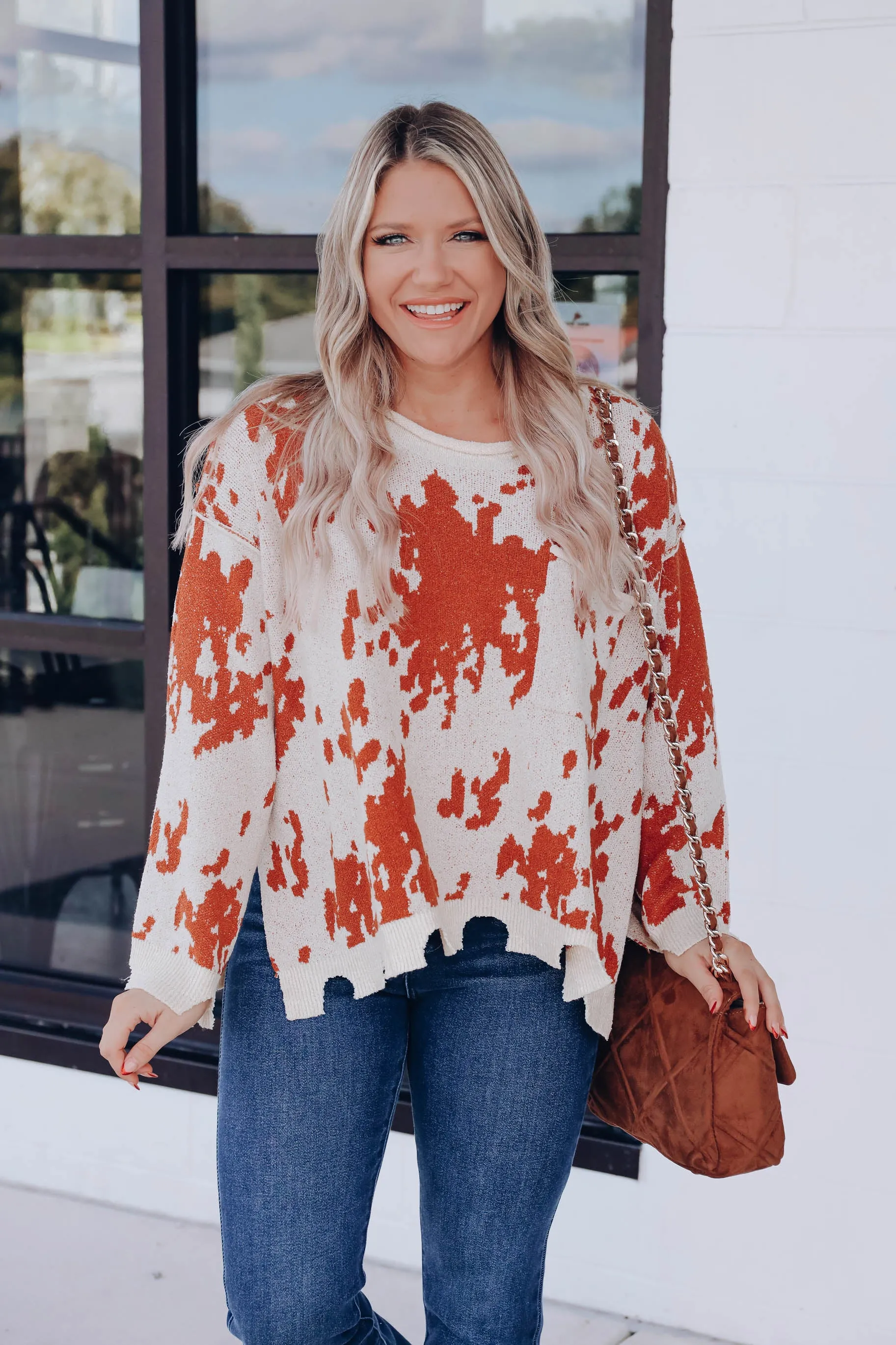 Cow Print Distressed Sweater- Cream/Rust