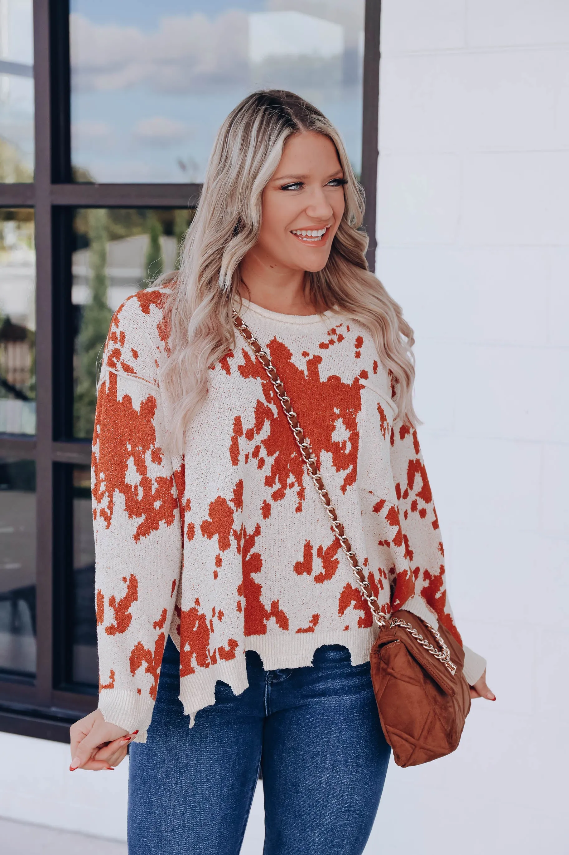 Cow Print Distressed Sweater- Cream/Rust