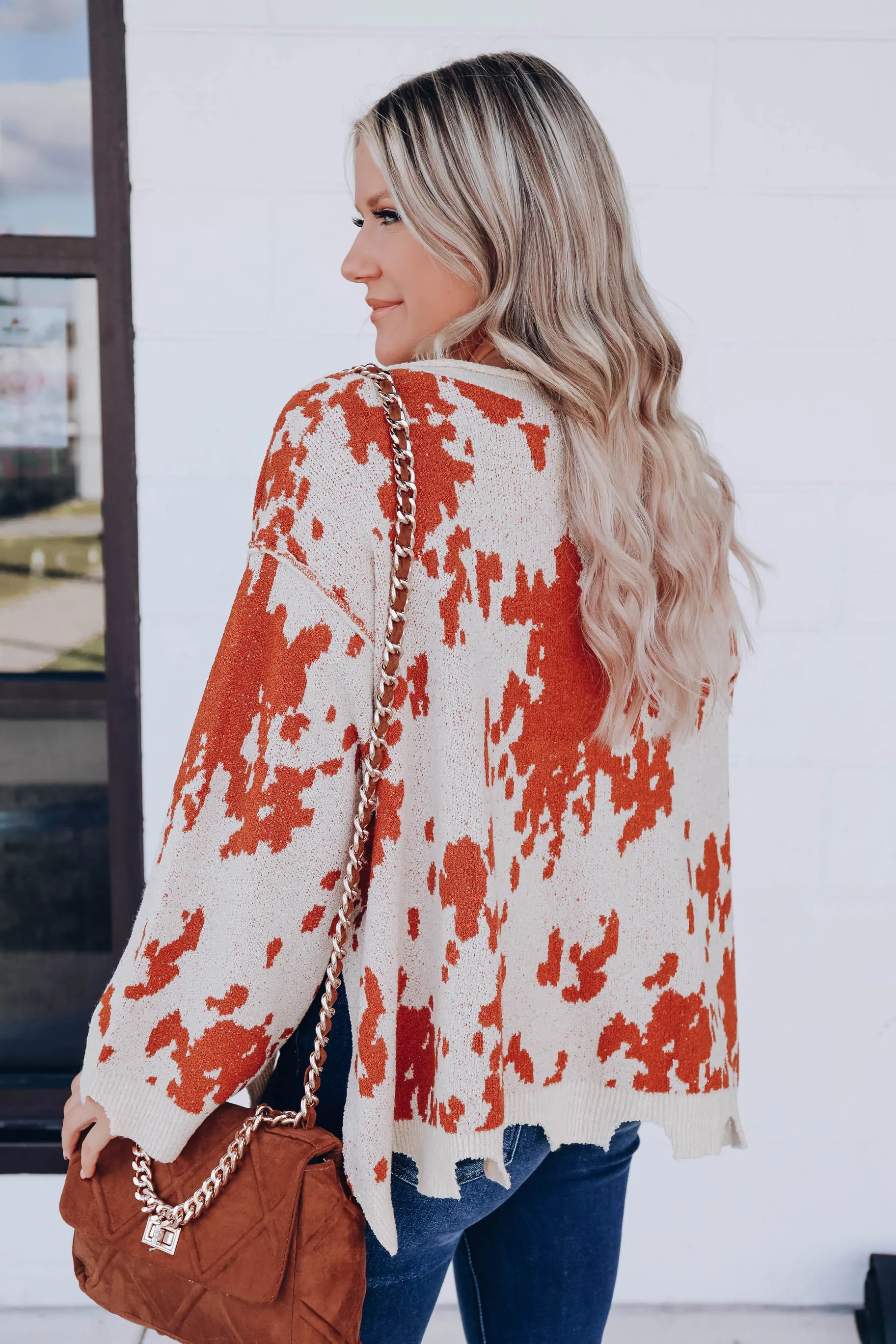 Cow Print Distressed Sweater- Cream/Rust