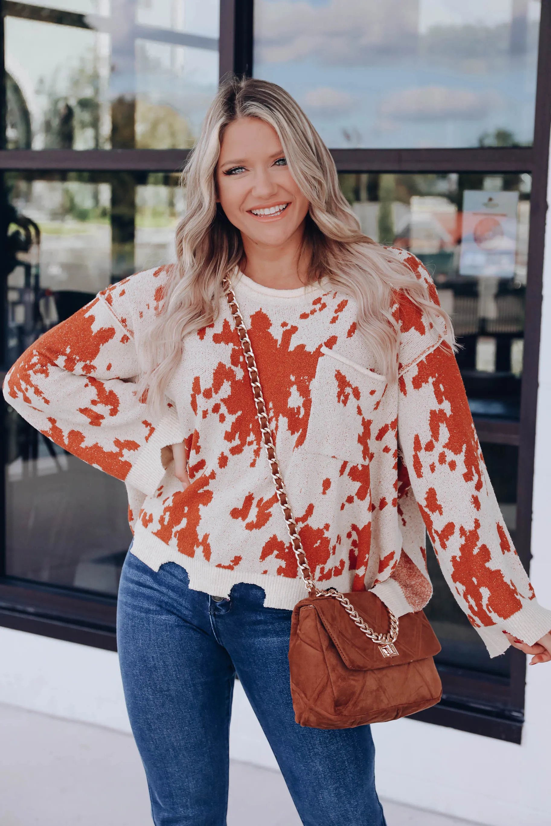Cow Print Distressed Sweater- Cream/Rust