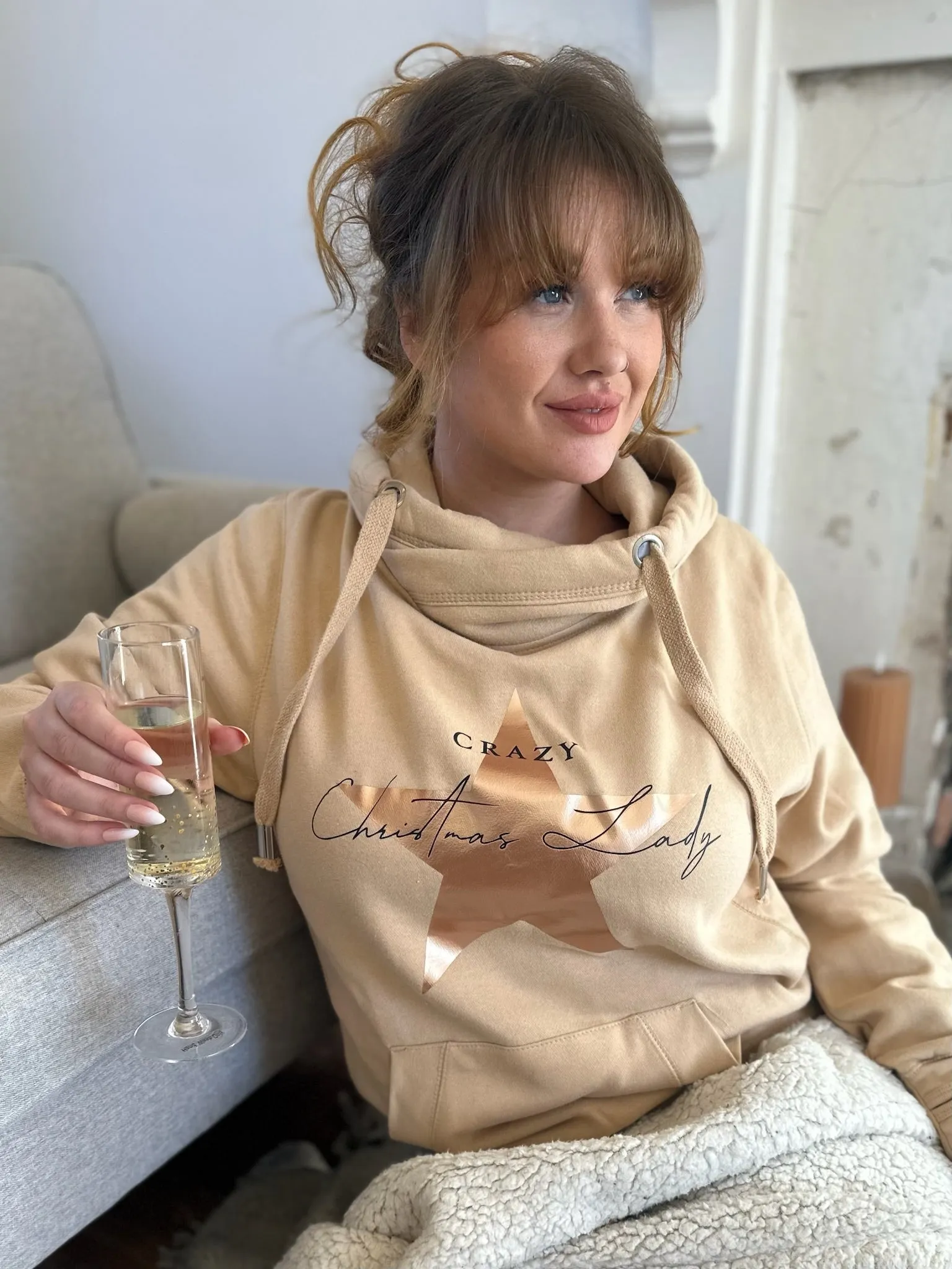 'Crazy Christmas Lady' Metallic Rose Gold Christmas Luxe Hoodie - Caramel