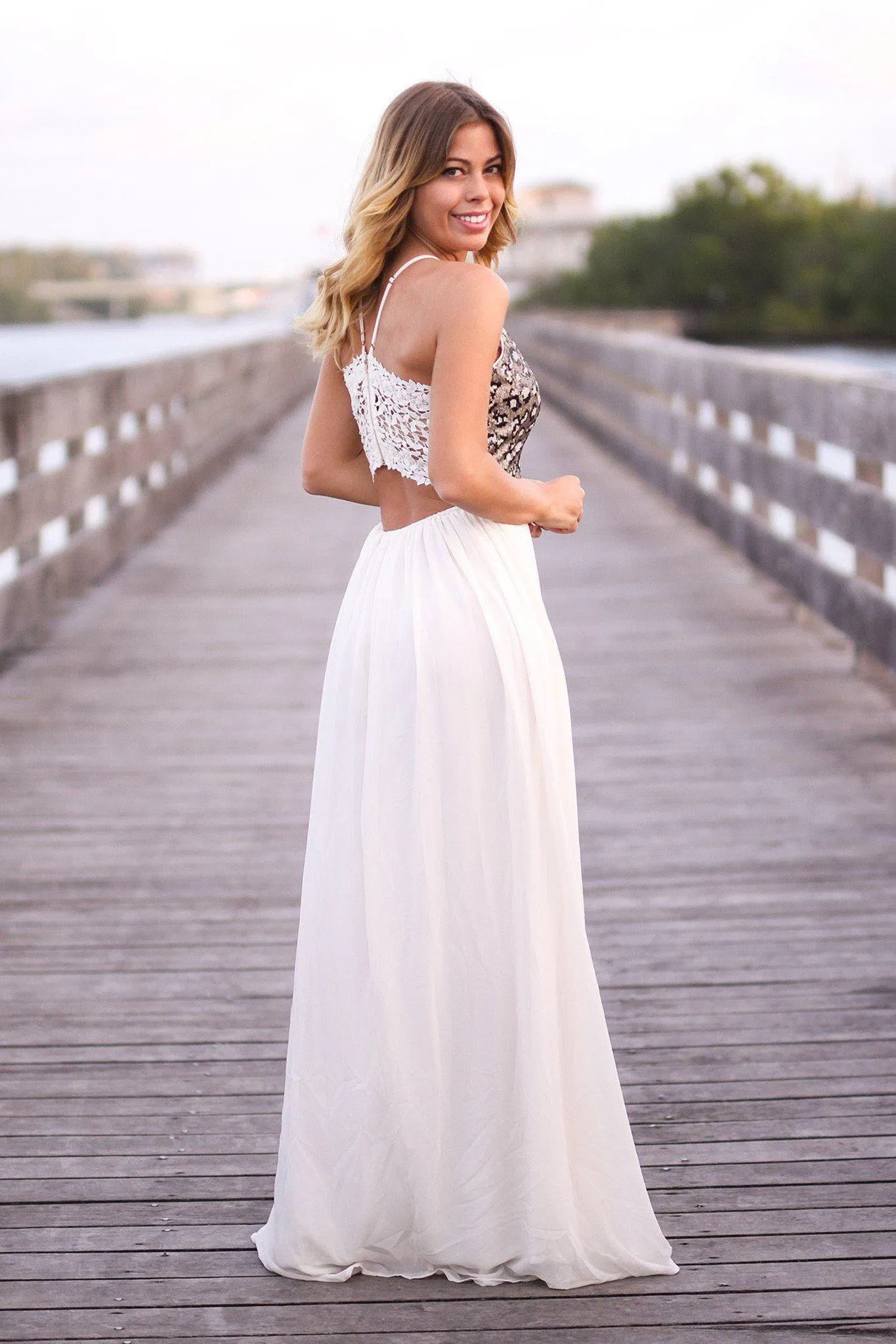 Cream and Black Sequined Maxi Dress with Crochet Back