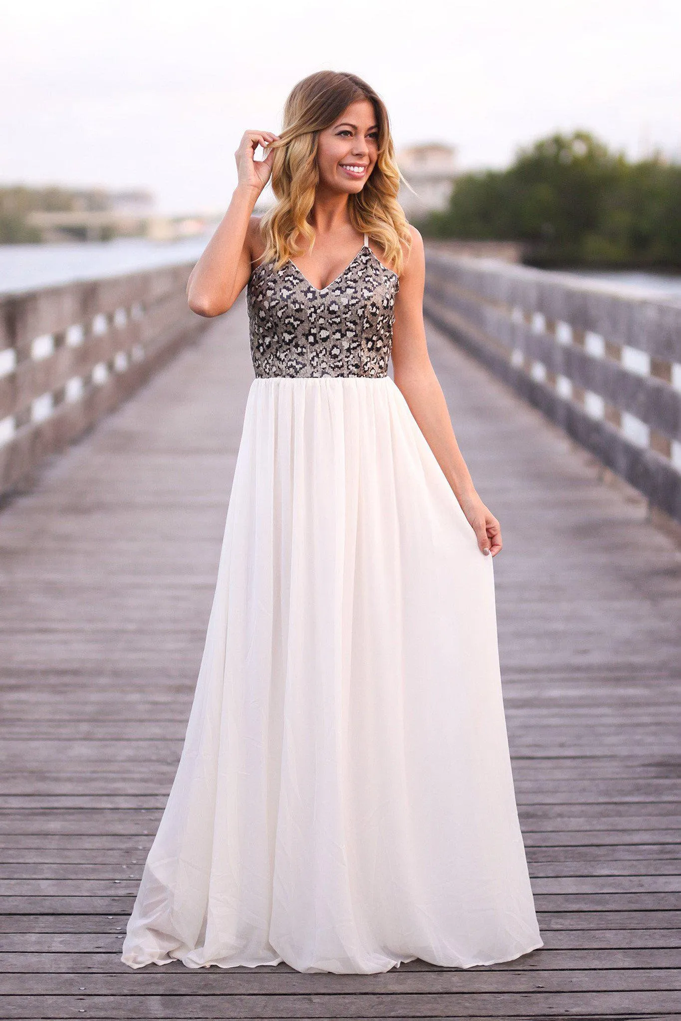 Cream and Black Sequined Maxi Dress with Crochet Back