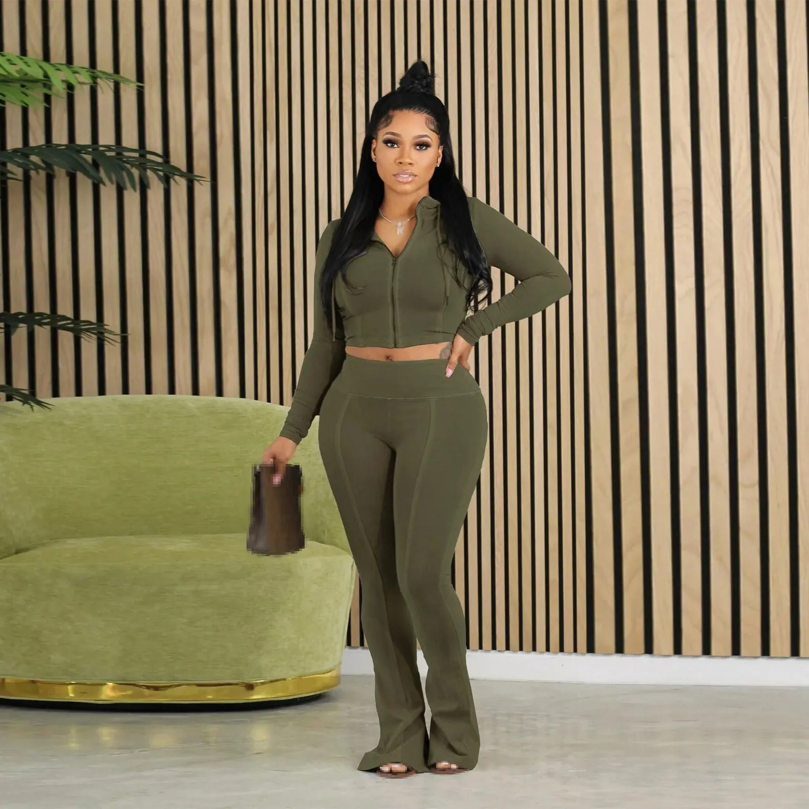 Crop V-neck Hoodie and Flare Pants Activewear Sets