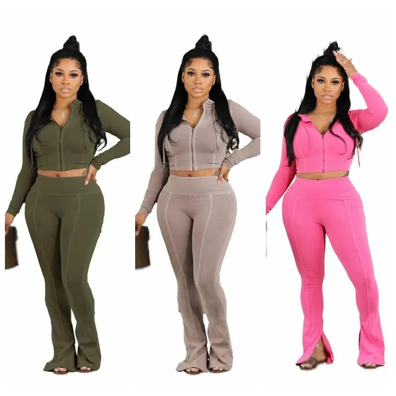 Crop V-neck Hoodie and Flare Pants Activewear Sets