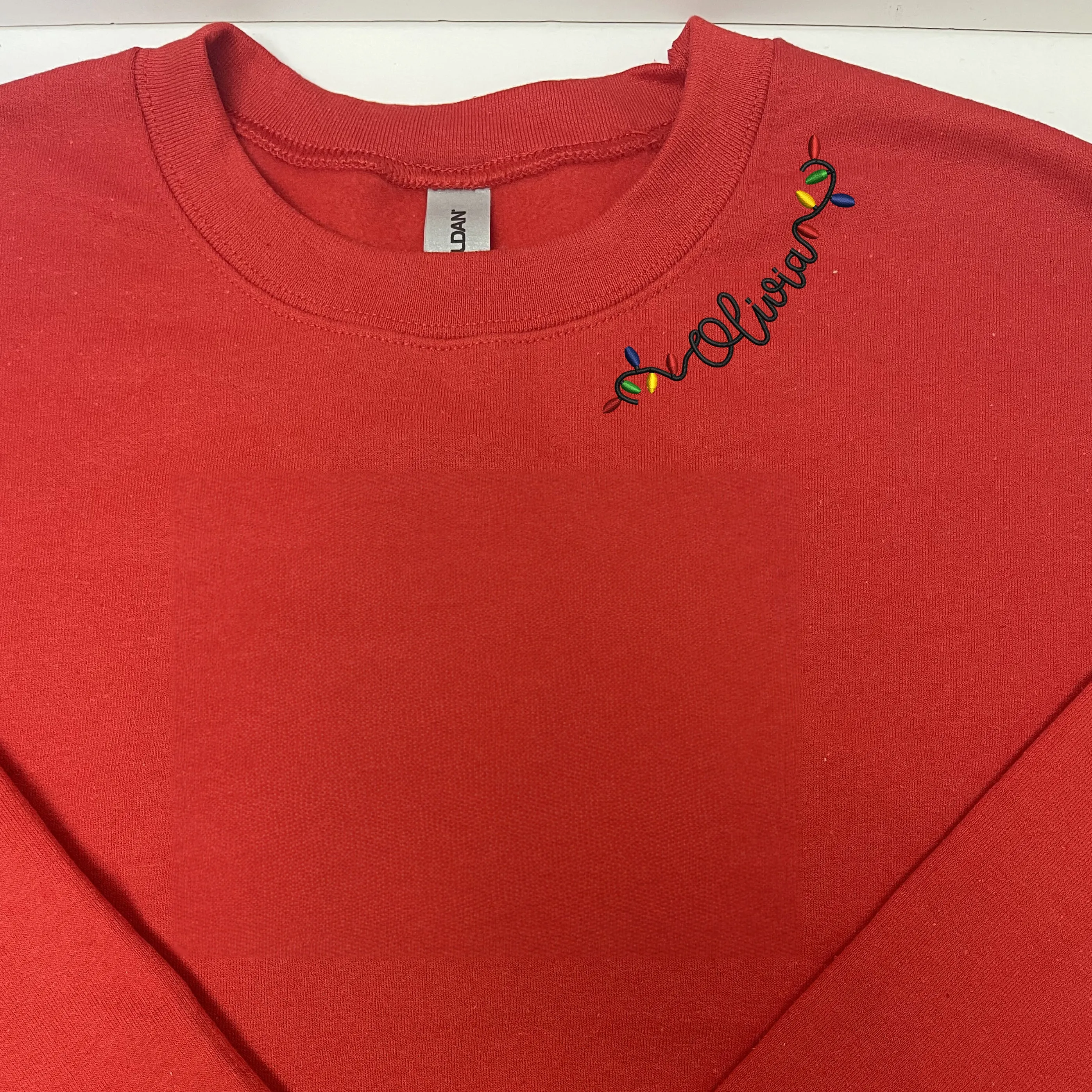 Custom Embroidered Christmas Sweatshirt, Personalized Christmas Light Name on Neckline Crewneck or Hoodie