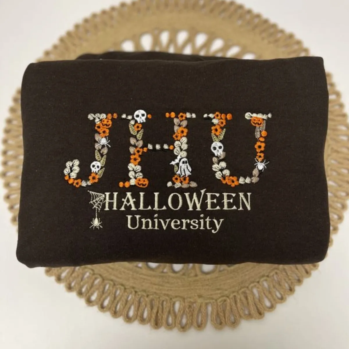 Custom Halloween University Sweatshirt with Floral Name, Embroidered Halloween Crewneck or Hoodie