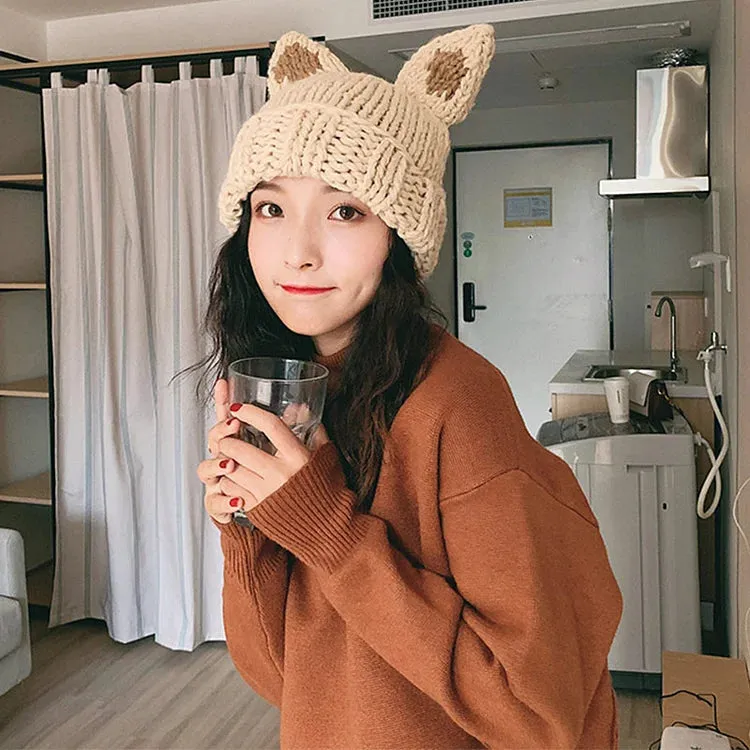 Cute Cartoon Kitty Cat Ears Knit Hat
