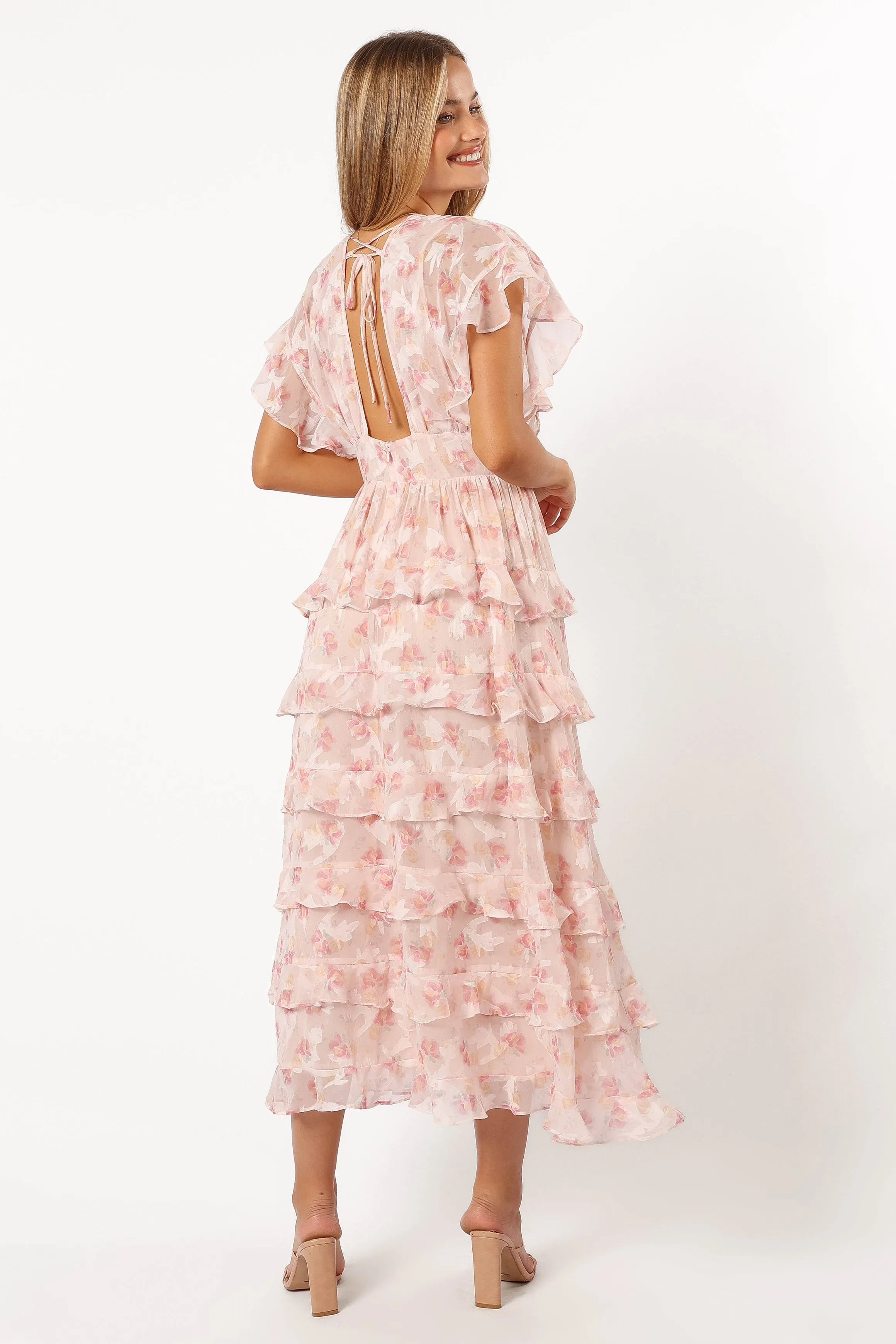 Daphne Ruffle Midi Dress - Pink Orange