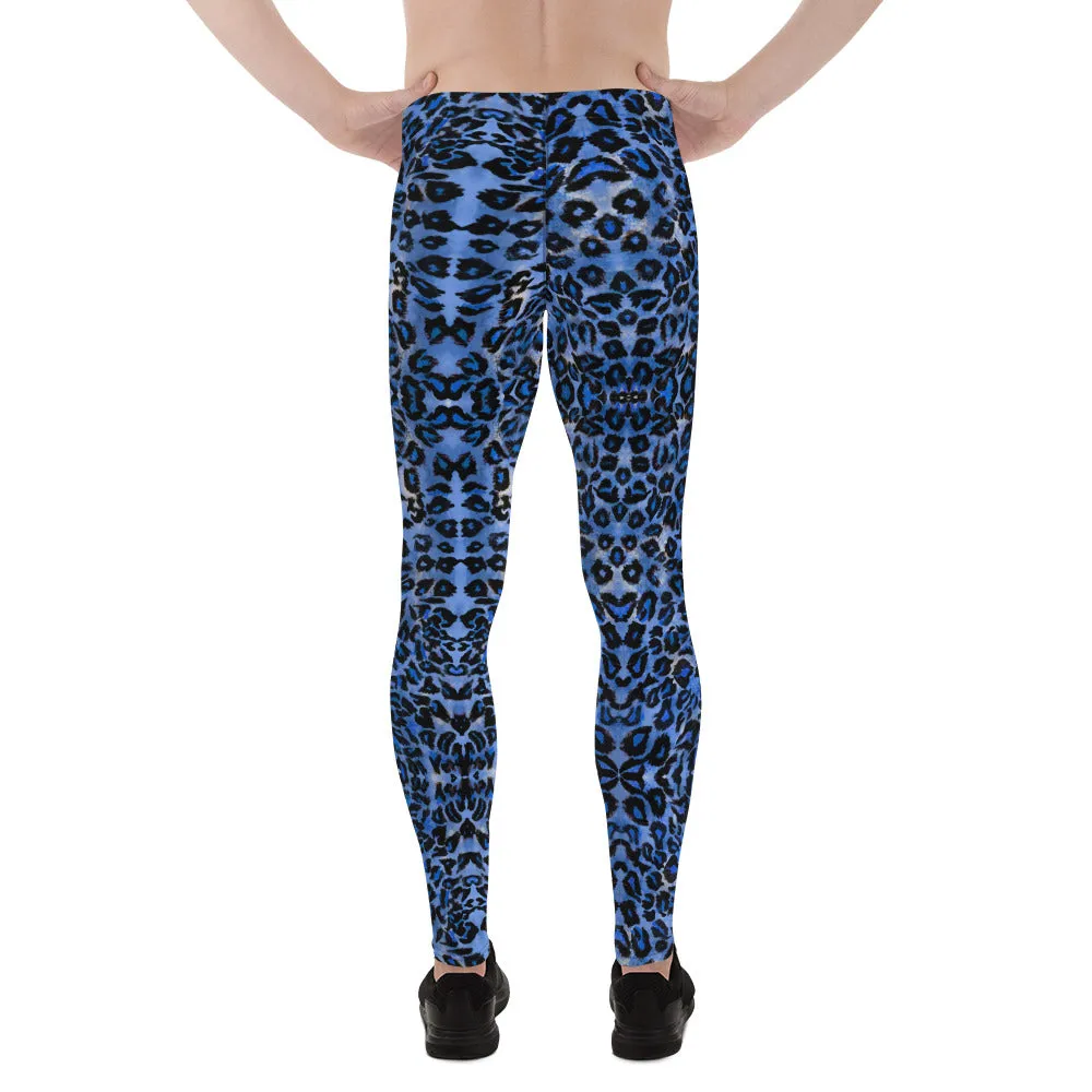 Dark Blue Leopard Meggings, Animal Print Men's Leggings Run Tights-Made in USA/EU