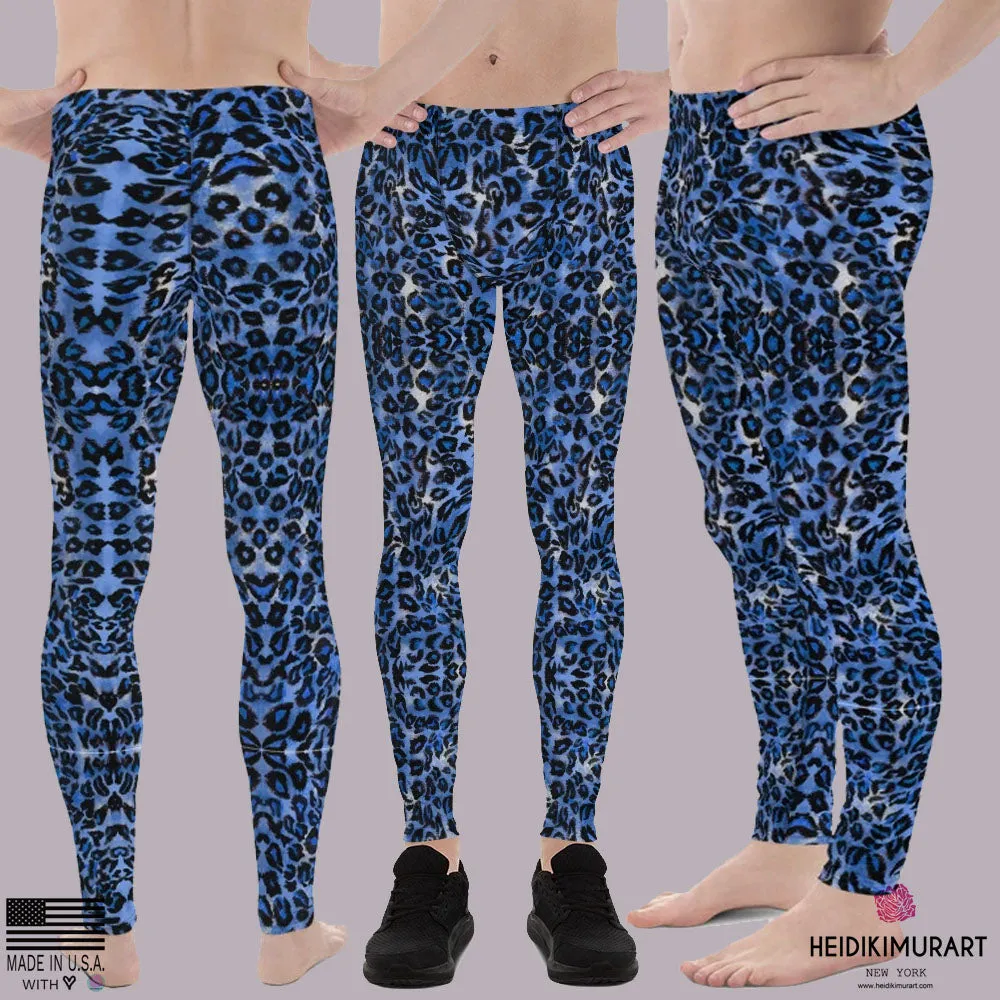 Dark Blue Leopard Meggings, Animal Print Men's Leggings Run Tights-Made in USA/EU