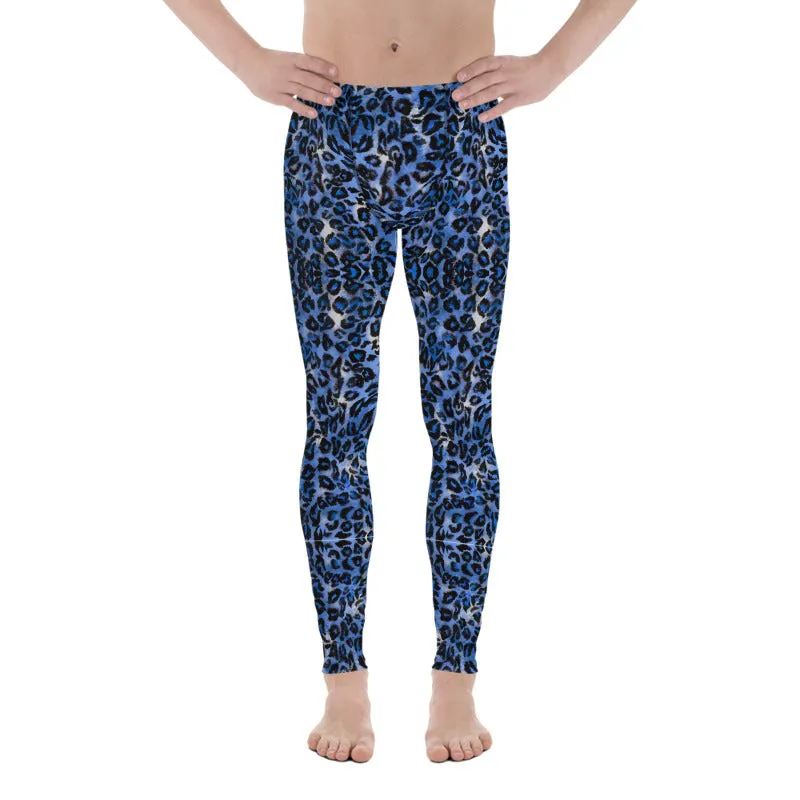 Dark Blue Leopard Meggings, Animal Print Men's Leggings Run Tights-Made in USA/EU