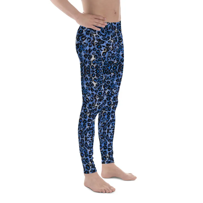 Dark Blue Leopard Meggings, Animal Print Men's Leggings Run Tights-Made in USA/EU