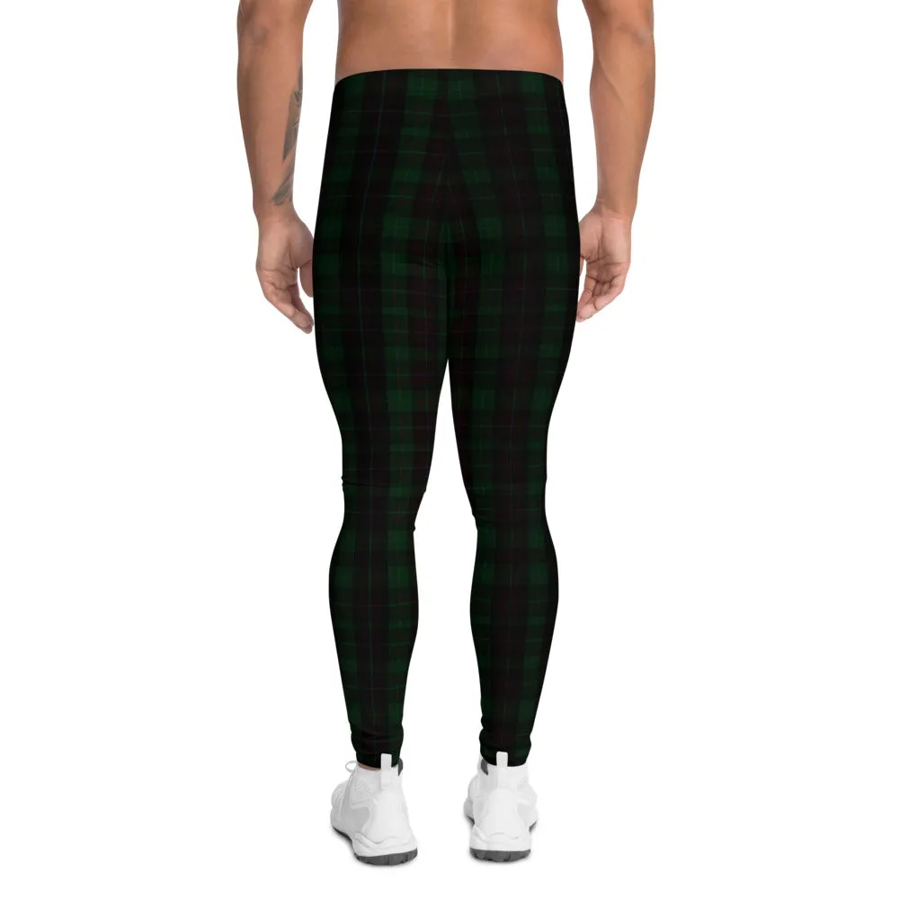 Dark Green Plaid Print Meggings, Premium Preppy Men's Leggings Tights-Made in USA/EU