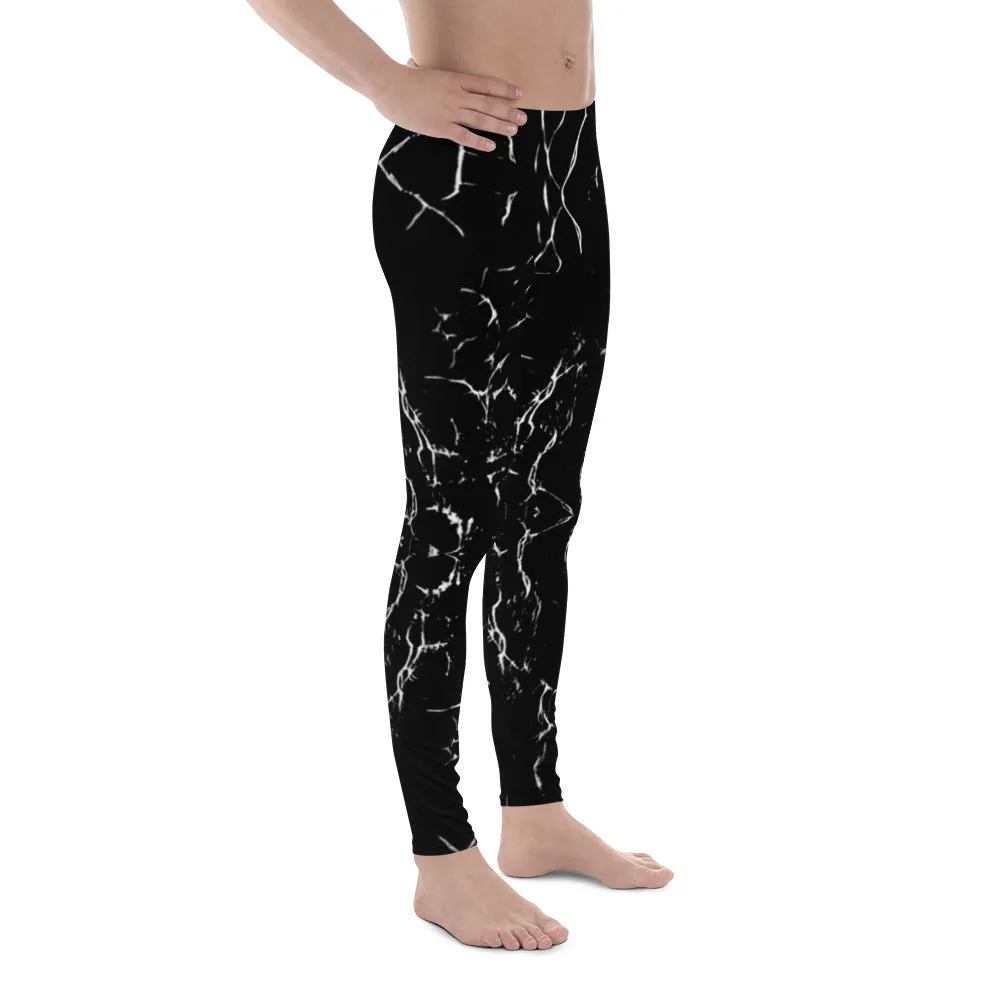 Designer Black Marble Men's Leggings, Modern Chic Abstract Meggings-Made in USA/EU/MX