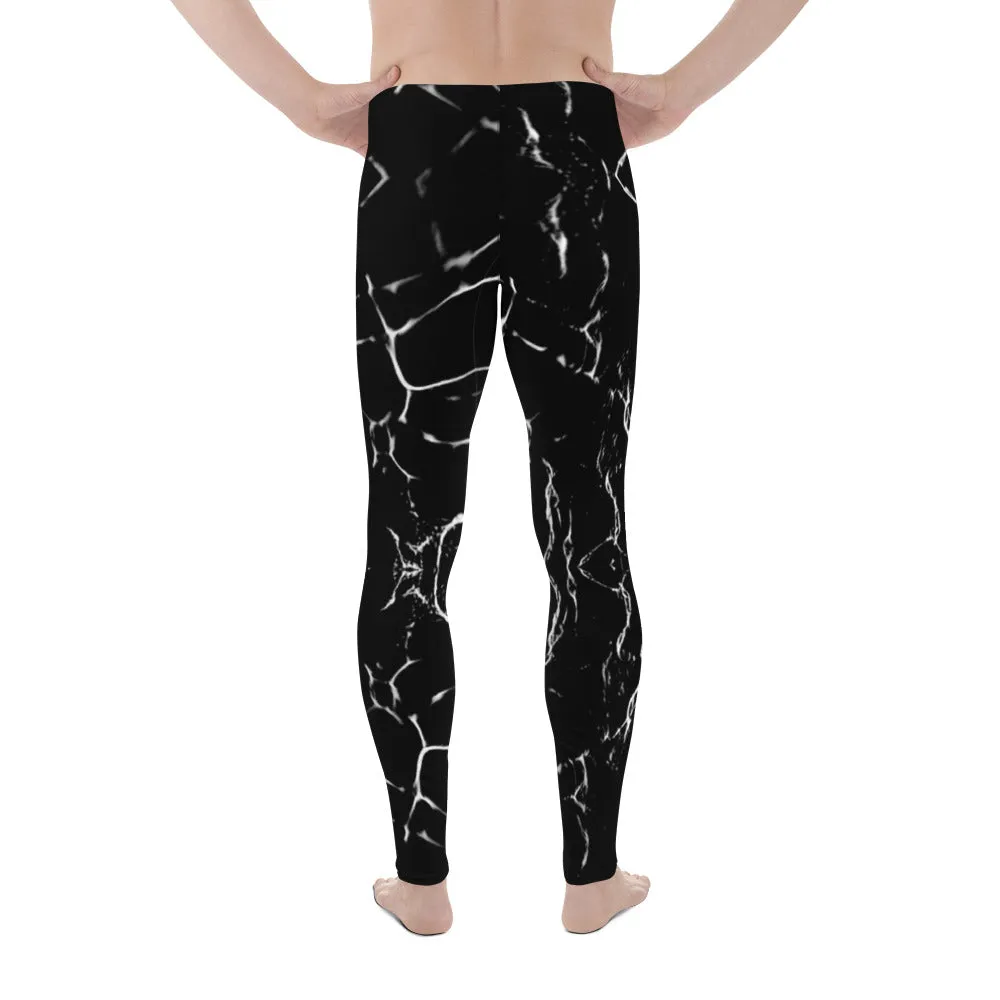 Designer Black Marble Men's Leggings, Modern Chic Abstract Meggings-Made in USA/EU/MX