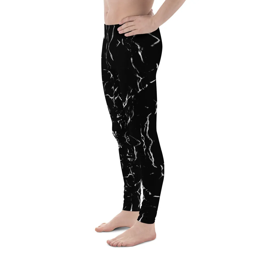 Designer Black Marble Men's Leggings, Modern Chic Abstract Meggings-Made in USA/EU/MX
