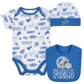 Detroit Lions 3-Piece Baby Boys Bodysuit, Bib, and Cap Set