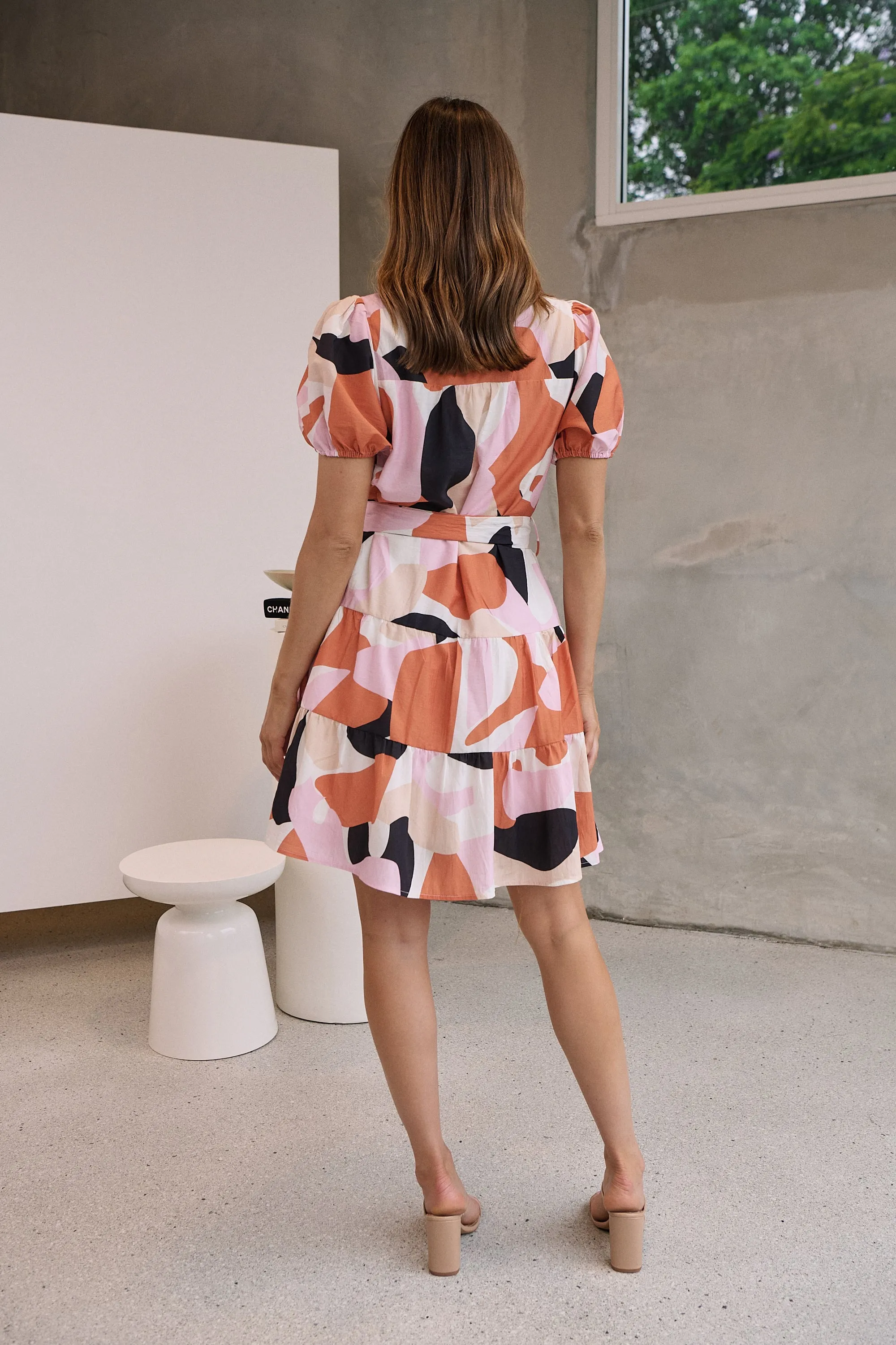 Donna Orange/Pink/Beige Abstract Frill Dress