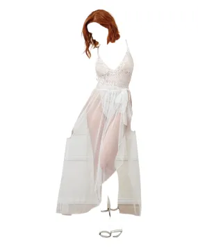 Dreamgirl 2 PC Stretch Lace Teddy & Sheer Mesh Maxi Skirt With Adjustable Straps & G-String White