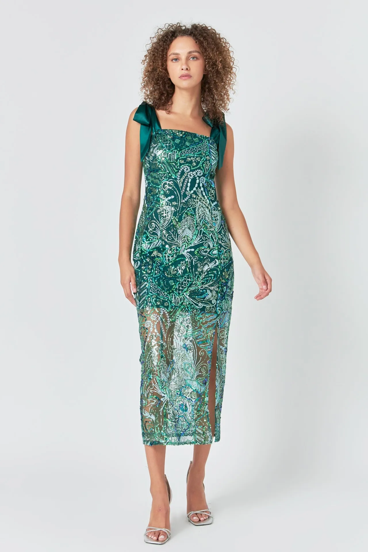 Endless Rose - Shoulder Tie Sequins Maxi Dress