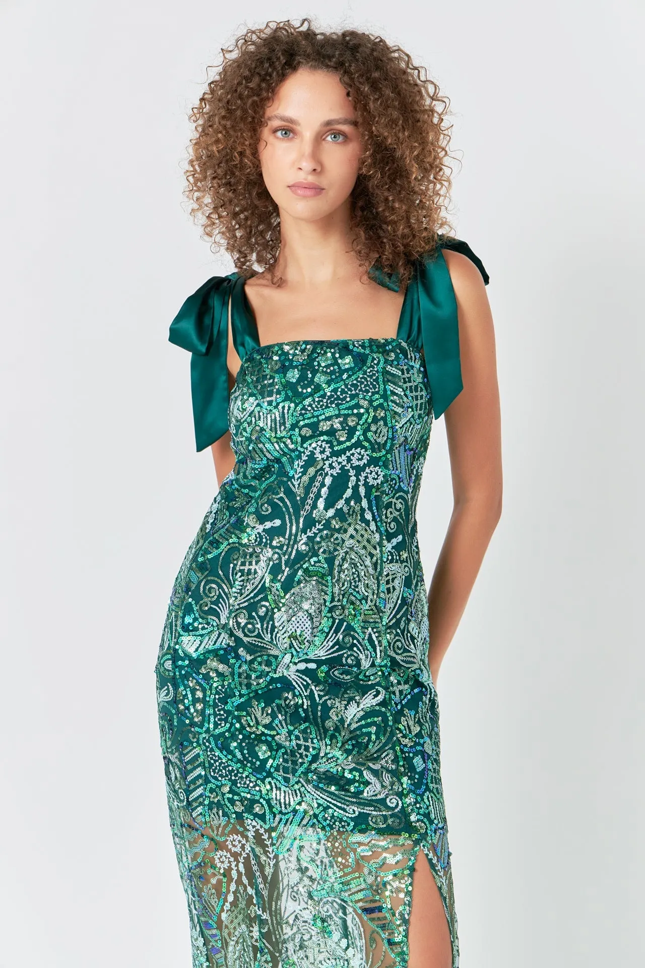 Endless Rose - Shoulder Tie Sequins Maxi Dress