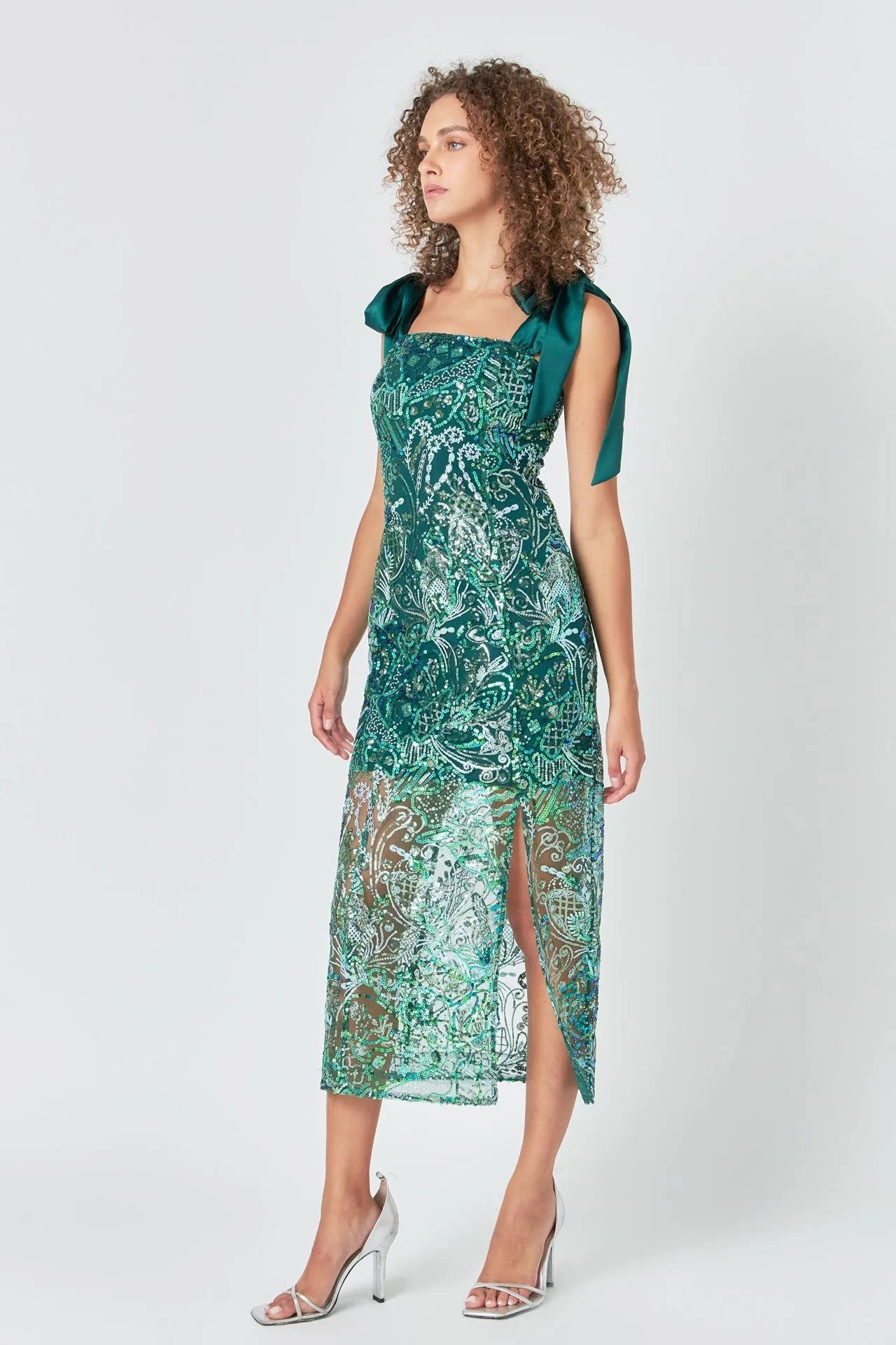 Endless Rose - Shoulder Tie Sequins Maxi Dress