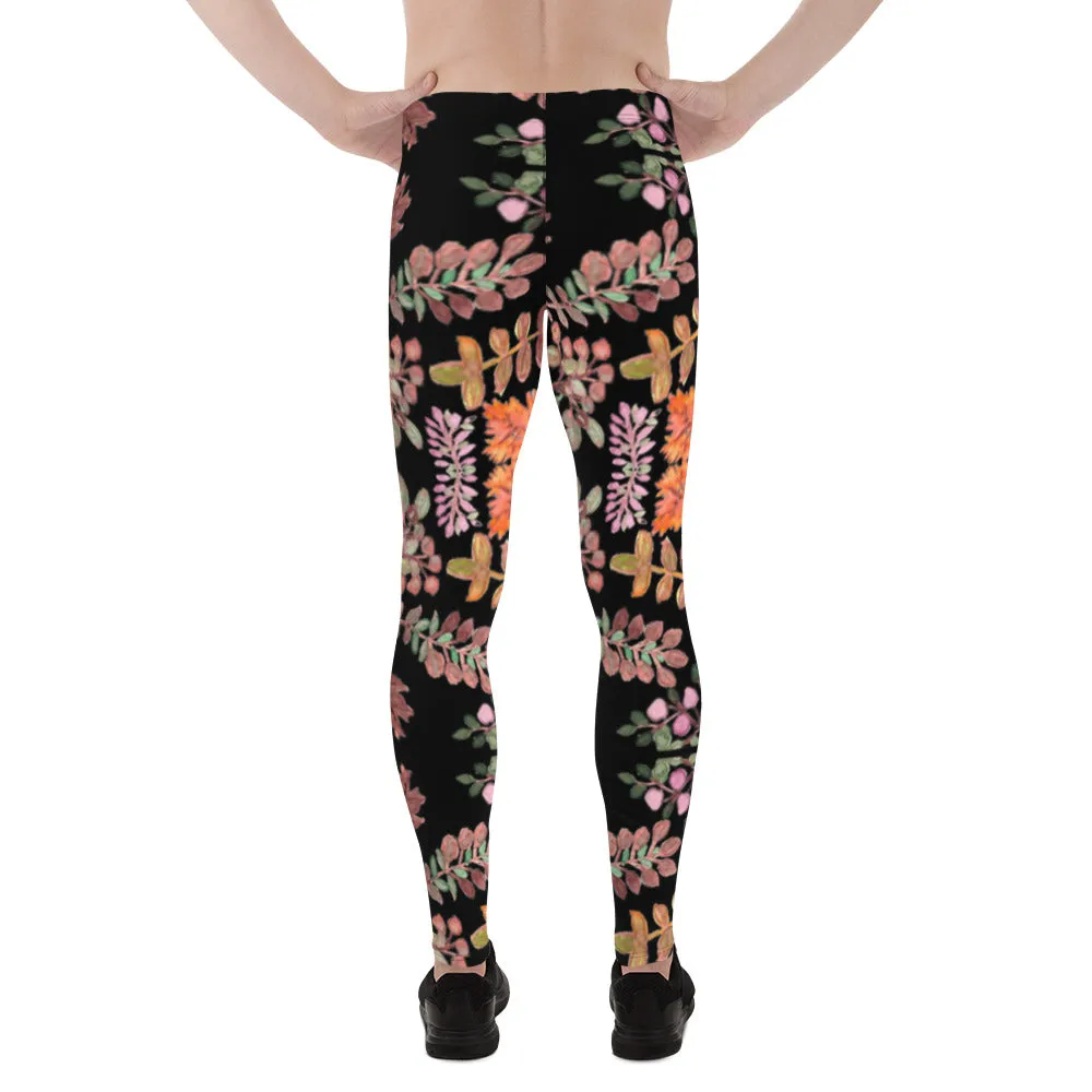 Fall Leaves Print Men's Leggings, Black Fall Leaves Leggings For Men, Autumn Leaf Leggings- Made in USA/EU/MX