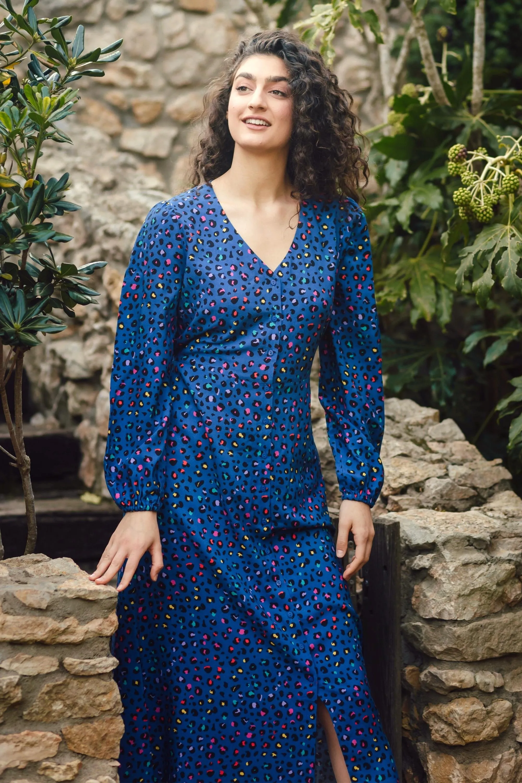 Fatimah V-Neck Maxi Dress - Light Navy, Rainbow Leopard
