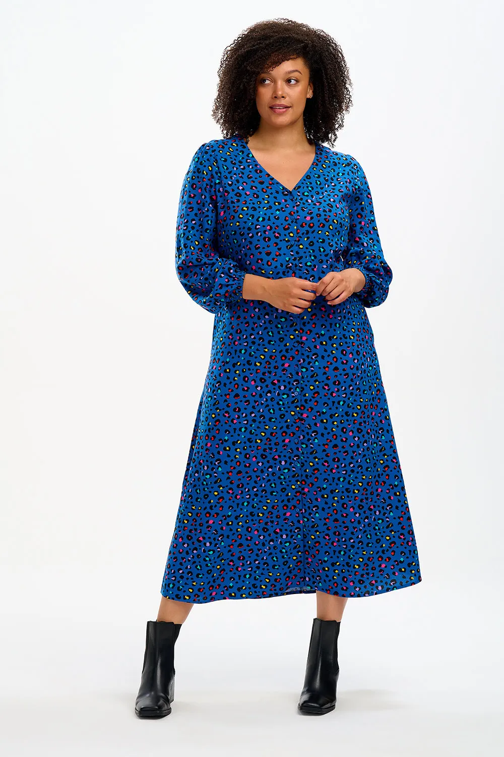 Fatimah V-Neck Maxi Dress - Light Navy, Rainbow Leopard