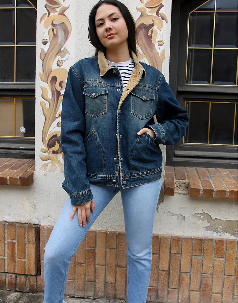 Fleece Lined Jean Jacket with Corduroy Collar