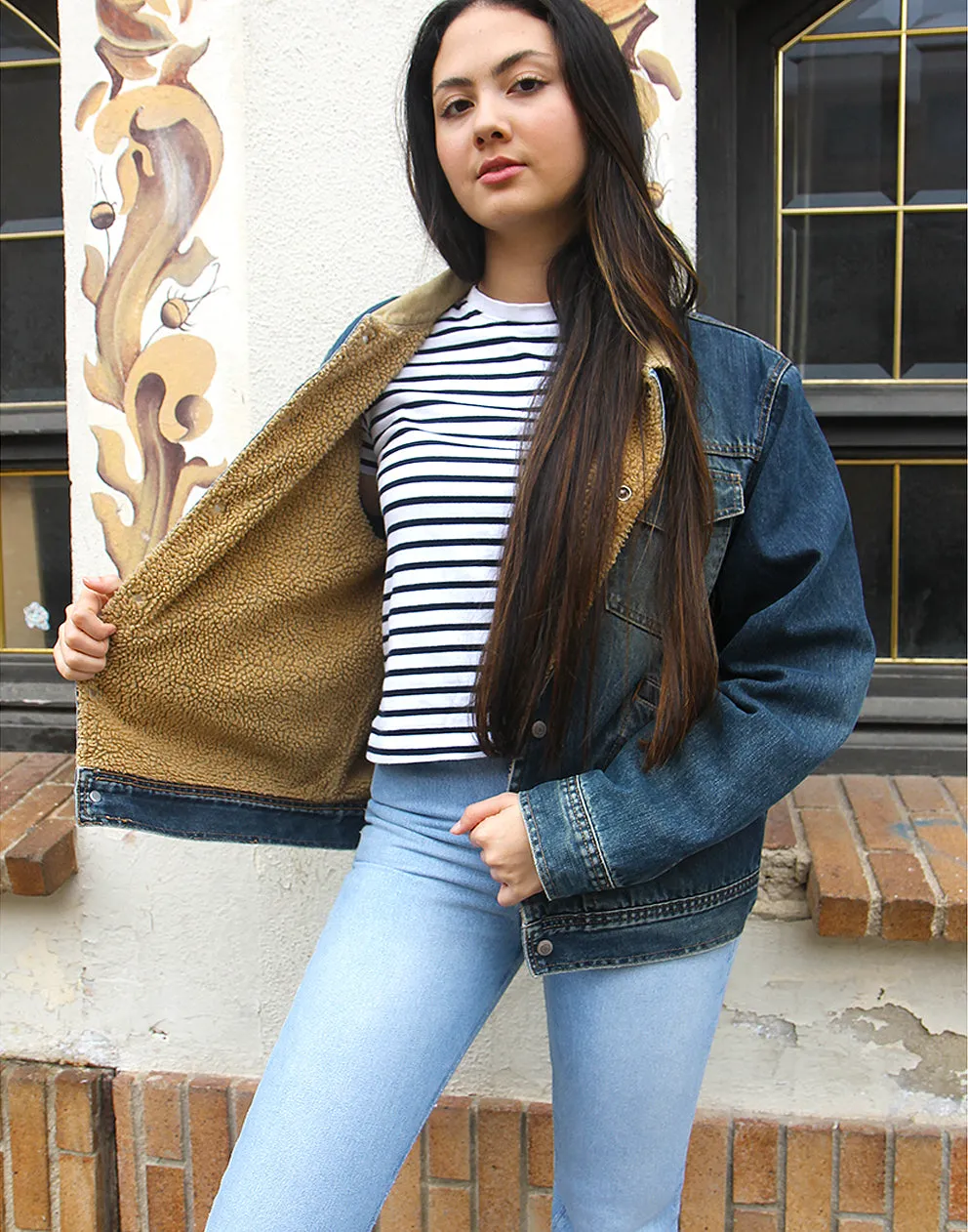 Fleece Lined Jean Jacket with Corduroy Collar