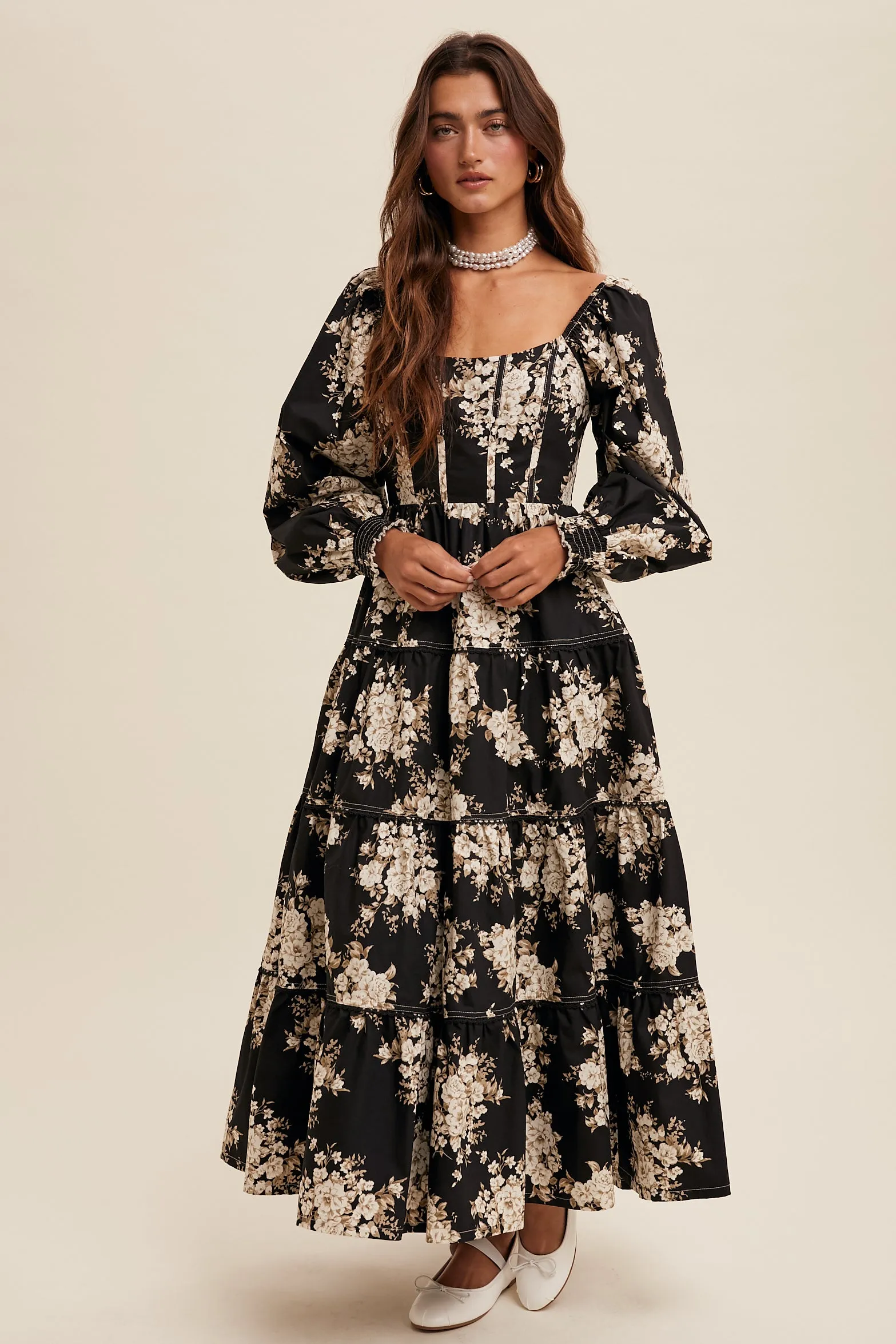 Floral Print Corset Bodice Maxi Dress
