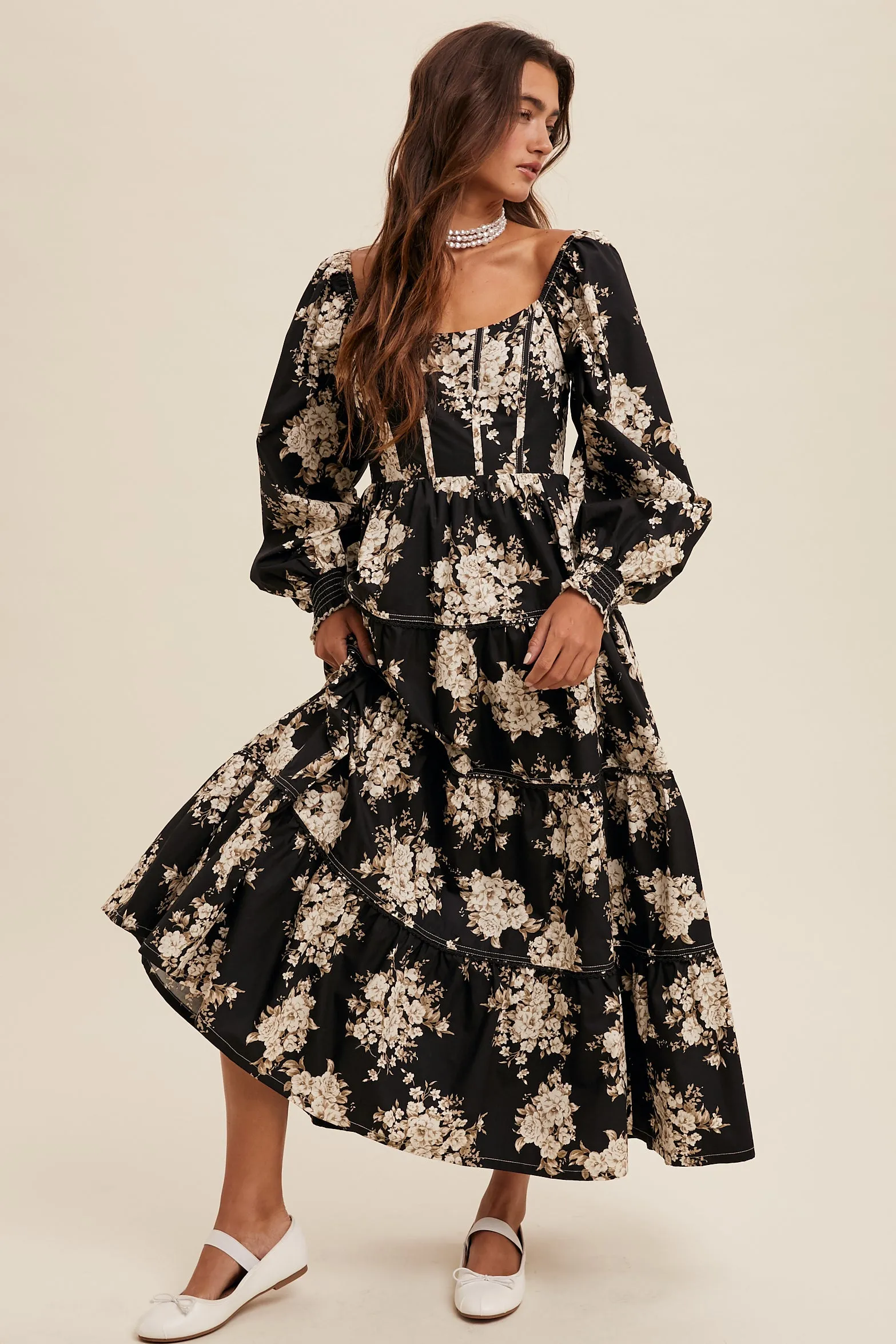 Floral Print Corset Bodice Maxi Dress
