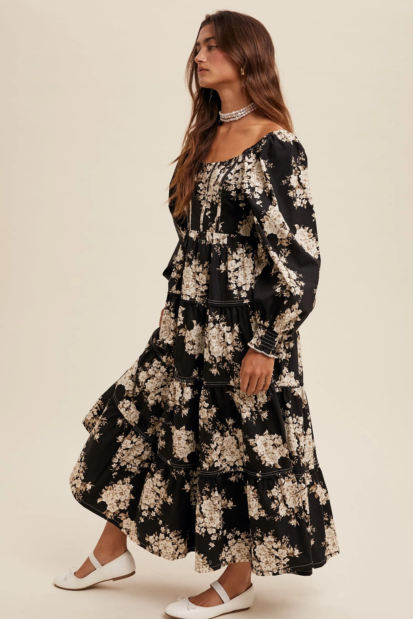 Floral Print Corset Bodice Maxi Dress