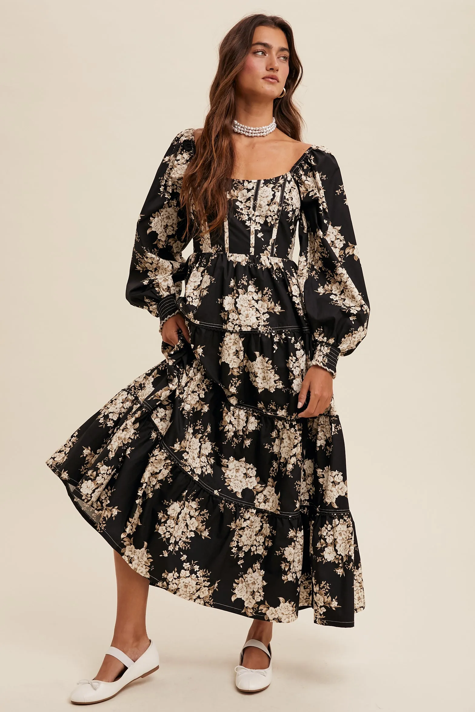 Floral Print Corset Bodice Maxi Dress